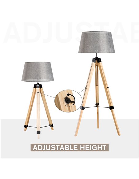 HOMCOM Tripod Floor Lamp Wooden Adjustable Modern Illumination Design E27 Bulb Compatible (Grey Shade) 99-143H - pic 25965 | FastDaddyshop