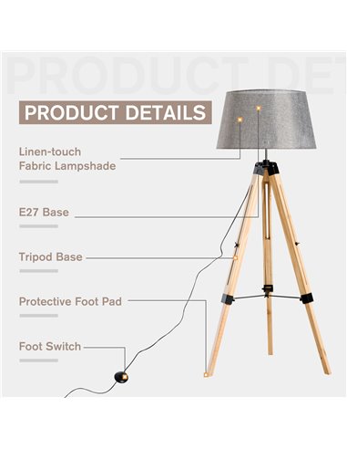 HOMCOM Tripod Floor Lamp Wooden Adjustable Modern Illumination Design E27 Bulb Compatible (Grey Shade) 99-143H