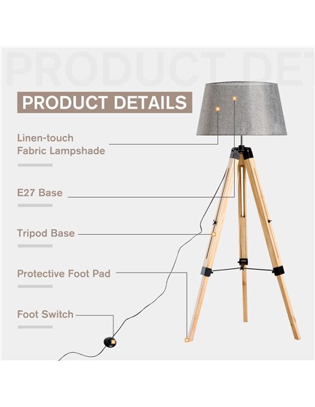 HOMCOM Tripod Floor Lamp Wooden Adjustable Modern Illumination Design E27 Bulb Compatible (Grey Shade) 99-143H - pic 25966 | FastDaddyshop