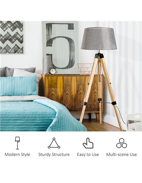HOMCOM Tripod Floor Lamp Wooden Adjustable Modern Illumination Design E27 Bulb Compatible (Grey Shade) 99-143H - pic 25967 | FastDaddyshop