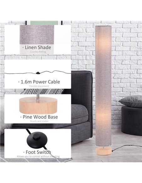 HOMCOM 120H cm Wooden Base Fabric Floor Lamp with Linen Fabric, Grey - pic 25984 | FastDaddyshop