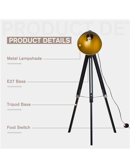 HOMCOM Industrial Tripod Spotlight Reading Floor Lamp, Black and Gold B31-036GD - pic 25992 | FastDaddyshop