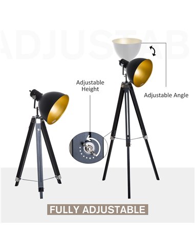 HOMCOM Industrial Floor Lamp for Living Room Tripod Spotlight Reading Lamp w/Wood Legs Metal Shade Adjustable Height Angle Black