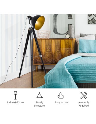 HOMCOM Industrial Floor Lamp for Living Room Tripod Spotlight Reading Lamp w/Wood Legs Metal Shade Adjustable Height Angle Black