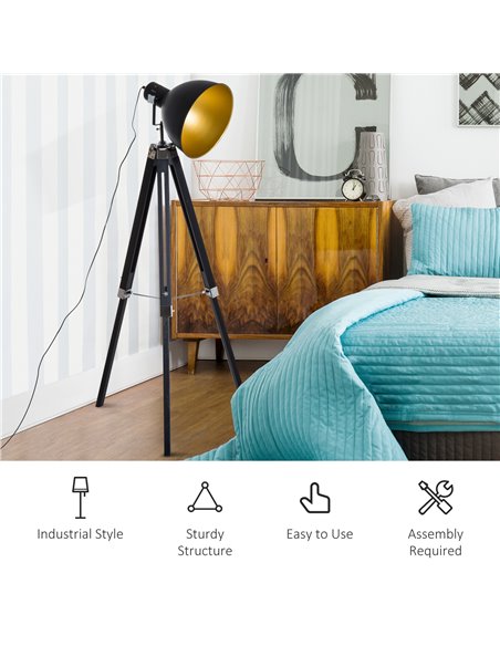 HOMCOM Industrial Floor Lamp for Living Room Tripod Spotlight Reading Lamp w/Wood Legs Metal Shade Adjustable Height Angle Black - pic 25994 | FastDaddyshop
