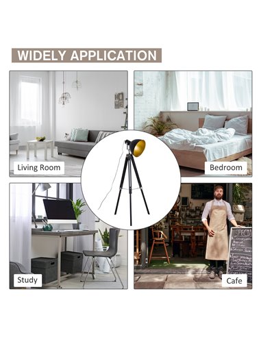 HOMCOM Industrial Floor Lamp for Living Room Tripod Spotlight Reading Lamp w/Wood Legs Metal Shade Adjustable Height Angle Black