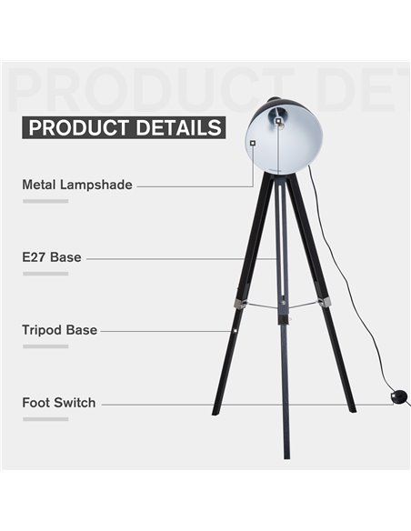 HOMCOM Industrial Tripod Spotlight Reading Floor Lamp, Black and White B31-036WT - pic 26001 | FastDaddyshop