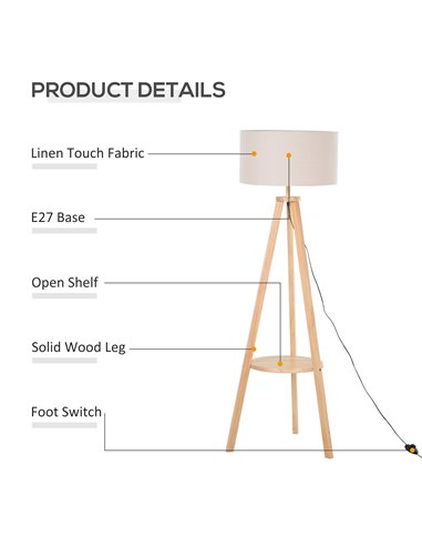 HOMCOM Free Standing Floor Lamp, Beige - Natural Wood Colour B31-095V01