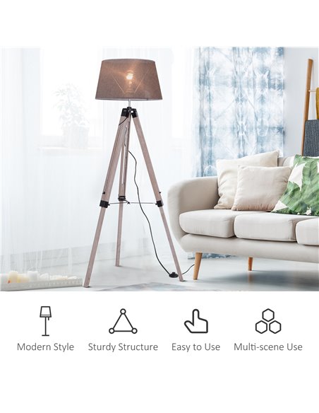 HOMCOM Wooden Adjustable Tripod Free Standing Floor Lamp  Bedside Light E27 Bulb Compatible - pic 26030 | FastDaddyshop