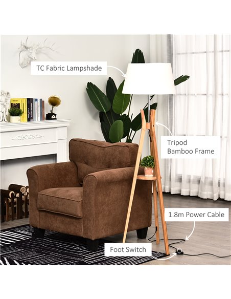 HOMCOM Tripod Floor Lamp Light E27 Base Bedroom Living Room Natural Wooden Fabric Shade Storage Shelf Foot Switch, 156cm, White - pic 26057 | FastDaddyshop