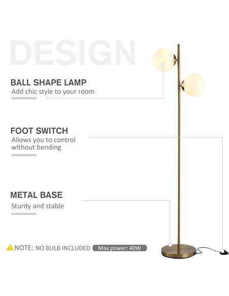 HOMCOM 2 Glass Shade Floor Lamp with Floor Switch, Gold B31-146V70GD - pic 26100 | FastDaddyshop