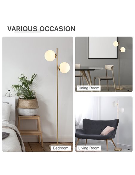 HOMCOM 2 Glass Shade Floor Lamp Metal Pole Cool Modern Decorative w/ Floor Switch Home Office Furnishing Gold - pic 26101 | FastDaddyshop