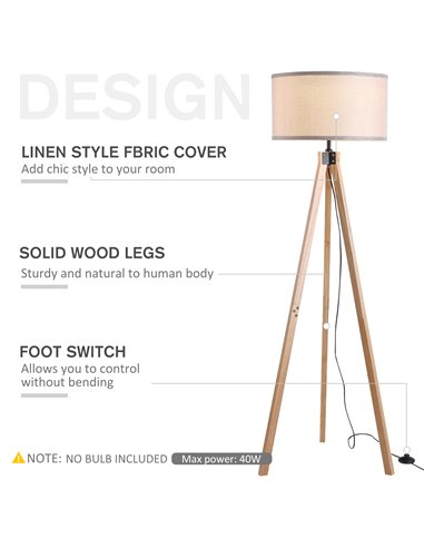 HOMCOM E27 Elegant Wood Tripod Floor Lamp, Beige B31-162V70BG
