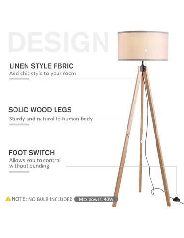 HOMCOM 5FT Elegant Wood Tripod E27 Bulb Floor Lamp, Grey B31-162V70GY