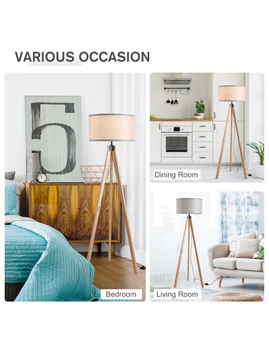 HOMCOM 5FT Elegant Wood Tripod Floor Lamp Free Standing E27 Bulb Lamp Versatile Use for Home Office - Grey