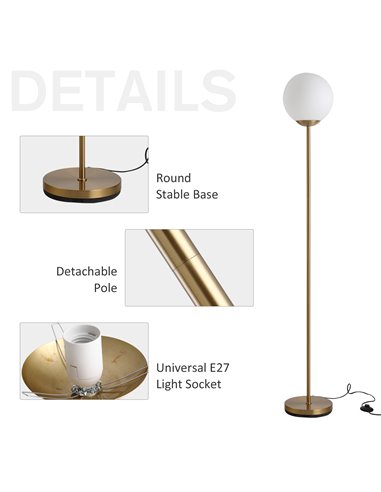 HOMCOM 171cm Glass Globe Floor Lamp, Gold B31-171V70GD