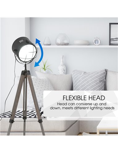 HOMCOM Industrial Style Tripod Floor Lamp for Living Room Bedroom, Vintage Spotlight Reading Lamp with Wooden Legs E27 Base