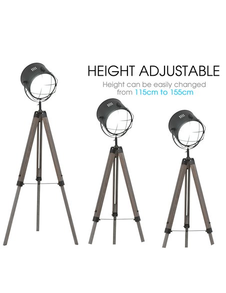 HOMCOM Industrial Style Tripod Floor Lamp for Living Room Bedroom, Vintage Spotlight Reading Lamp with Wooden Legs E27 Base - pic 26146 | FastDaddyshop