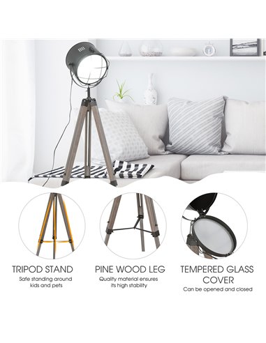 HOMCOM Industrial Style Tripod Floor Lamp for Living Room Bedroom, Vintage Spotlight Reading Lamp with Wooden Legs E27 Base