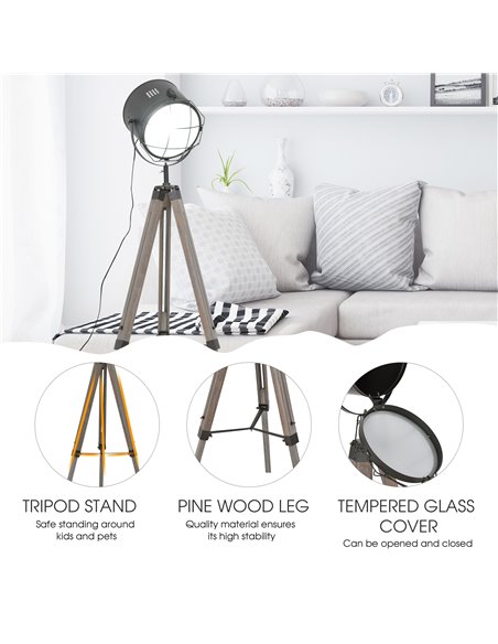 HOMCOM Industrial Style Tripod Floor Lamp for Living Room Bedroom, Vintage Spotlight Reading Lamp with Wooden Legs E27 Base - pic 26147 | FastDaddyshop