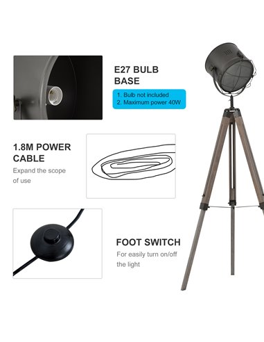 HOMCOM Industrial Style Tripod Floor Lamp for Living Room Bedroom, Vintage Spotlight Reading Lamp with Wooden Legs E27 Base
