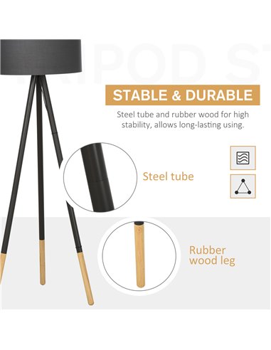 HOMCOM 153cm Steel Tripod Floor Lamp w/ Fabric Lampshade Foot Switch, Land Lamp Office Bedroom Modern Grey
