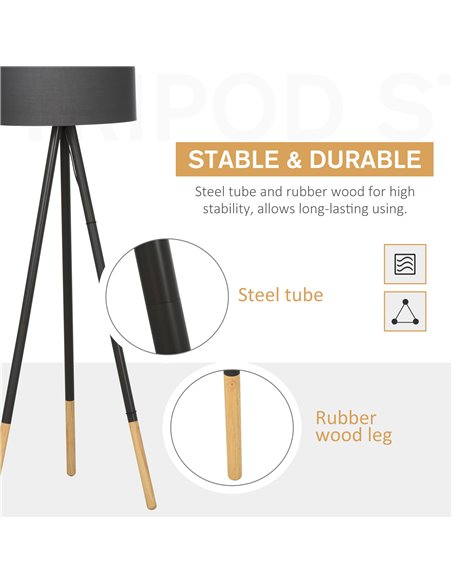 HOMCOM 153cm Steel Tripod Floor Lamp w/ Fabric Lampshade Foot Switch, Land Lamp Office Bedroom Modern Grey - pic 26164 | FastDaddyshop