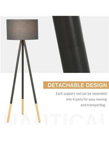 HOMCOM 153cm Steel Tripod Floor Lamp w/ Fabric Lampshade Foot Switch, Land Lamp Office Bedroom Modern Grey