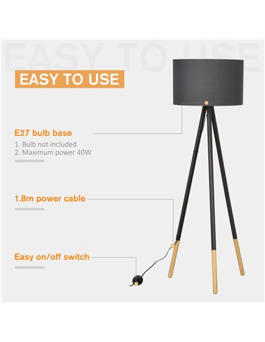 HOMCOM 153cm Steel Tripod Floor Lamp w/ Fabric Lampshade Foot Switch, Land Lamp Office Bedroom Modern Grey