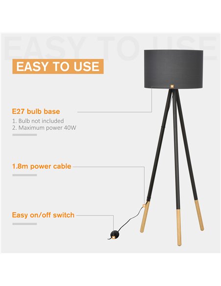 HOMCOM 153cm Steel Tripod Floor Lamp w/ Fabric Lampshade Foot Switch, Land Lamp Office Bedroom Modern Grey - pic 26166 | FastDaddyshop