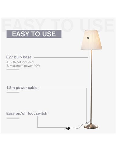 HOMCOM Steel Floor Lamp with Pleated Fabric Lampshade, White and Silver B31-265