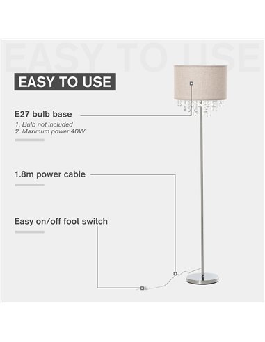 HOMCOM Modern Steel Floor Lamp, Silver and Cream White B31-263
