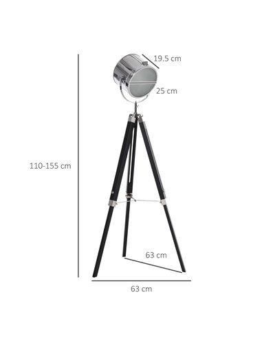 HOMCOM Industrial Style Adjustable Tripod Floor Lamp, Black B31-292
