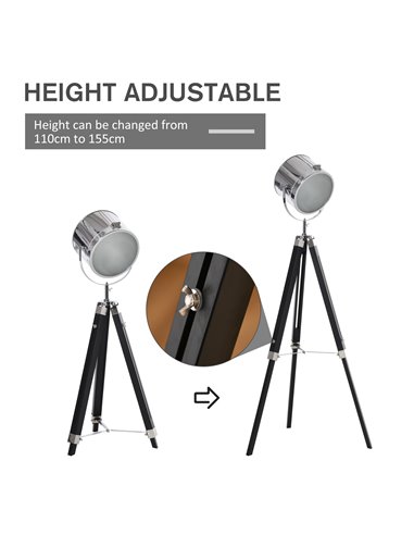 HOMCOM Industrial Style Adjustable Tripod Floor Lamp, Black B31-292