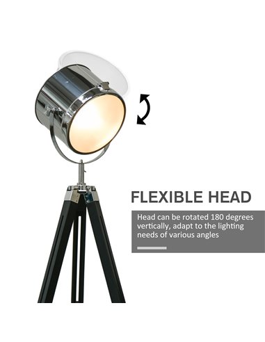 HOMCOM Industrial Style Adjustable Tripod Floor Lamp, Searchlight Lamp with Wooden Legs and Steel Lampshade, 110-155cm, Black