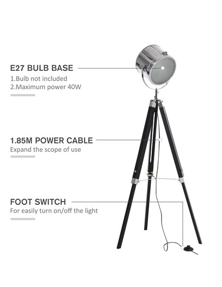 HOMCOM Industrial Style Adjustable Tripod Floor Lamp, Searchlight Lamp with Wooden Legs and Steel Lampshade, 110-155cm, Black - pic 26210 | FastDaddyshop