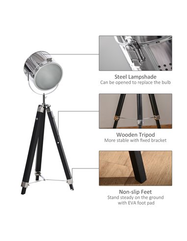 HOMCOM Industrial Style Adjustable Tripod Floor Lamp, Searchlight Lamp with Wooden Legs and Steel Lampshade, 110-155cm, Black