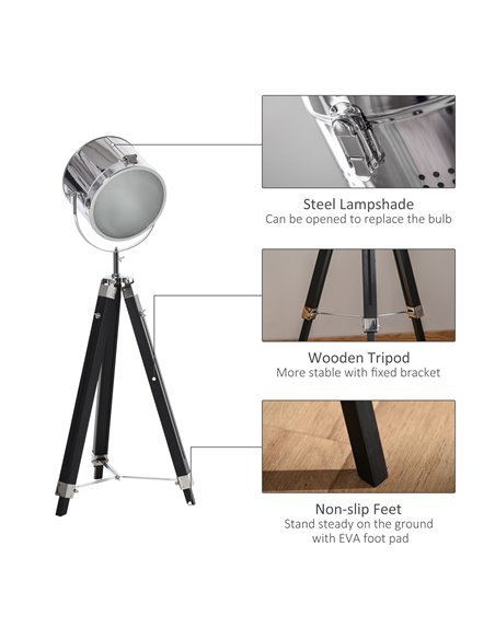HOMCOM Industrial Style Adjustable Tripod Floor Lamp, Searchlight Lamp with Wooden Legs and Steel Lampshade, 110-155cm, Black - pic 26211 | FastDaddyshop