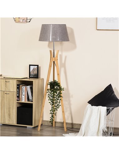 HOMCOM Natural Wood Tripod Floor Lamp Light E27 Base, Grey B31-134GY