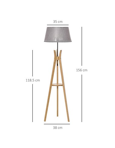 HOMCOM Natural Wood Tripod Floor Lamp Light E27 Base, Grey B31-134GY