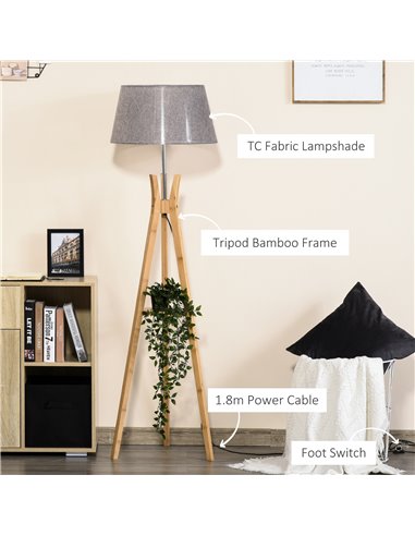 HOMCOM Natural Wood Tripod Floor Lamp Light E27 Base, Grey B31-134GY