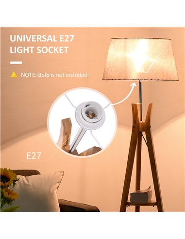 HOMCOM Natural Wood Tripod Floor Lamp Light E27 Base Bedroom Living Room Fabric Shade Storage Shelf Foot Switch, 156cm, Grey