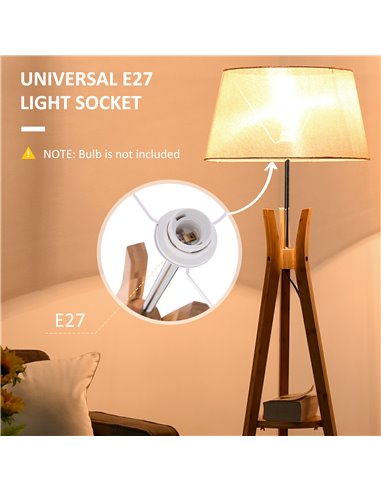 HOMCOM Tripod Floor Lamp Light E27 Base Bedroom Living Room Natural Wood Fabric Shade Storage Shelf Foot Switch, 156cm, Beige