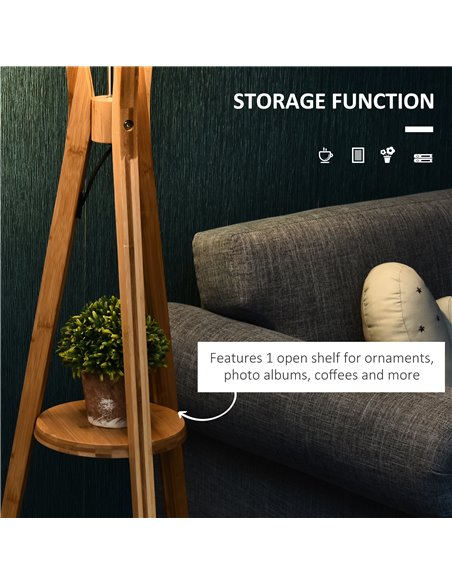 HOMCOM Tripod Floor Lamp Light E27 Base Bedroom Living Room Natural Wood Fabric Shade Storage Shelf Foot Switch, 156cm, Beige - pic 26228 | FastDaddyshop