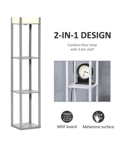 HOMCOM 4-Tier Grey Floor Lamp with Shelf, Floor Light with Storage Shelf, Reading Standing Lamp