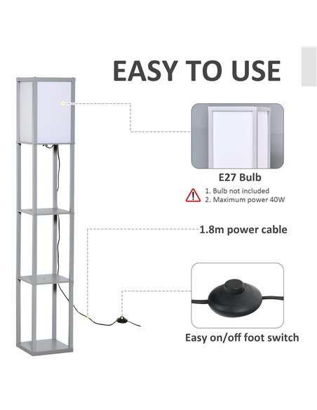 HOMCOM 4-Tier Grey Floor Lamp with Shelf, Floor Light with Storage Shelf, Reading Standing Lamp - pic 26236 | FastDaddyshop