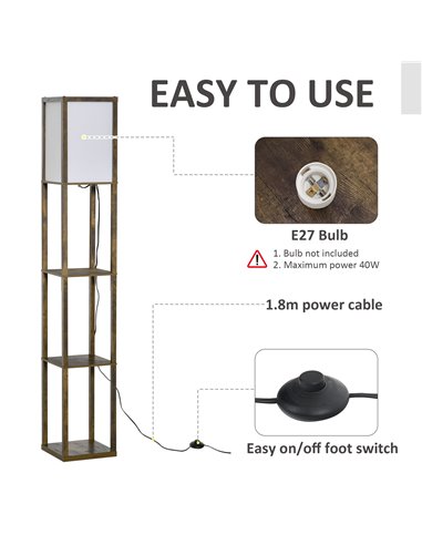 HOMCOM 4-Tier Floor Lamp with Storage Shelf, Rustic Brown 833-623V70