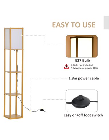 HOMCOM 4-Tier Floor Lamp with Storage Shelf, Natural 833-623V70WR