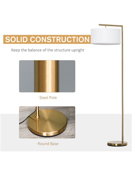 HOMCOM Floor Lamp, Modern Standing Light with Linen Lampshade, Round Base for Living Room, Bedroom, Dining Room, Gold and White - pic 26290 | FastDaddyshop