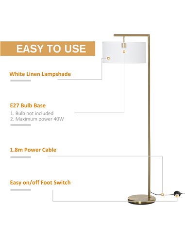 HOMCOM Floor Lamp, Modern Standing Light with Linen Lampshade, Round Base for Living Room, Bedroom, Dining Room, Gold and White